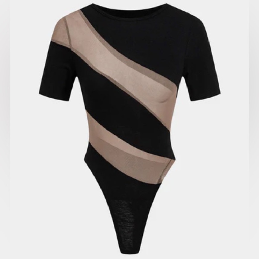 Micas Mesh Patchwork Round Neck Short Sleeve Bodysuit